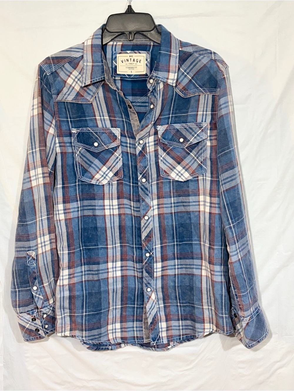 BKE Blue Plaid Snap-Front Shirt with Brown Accents